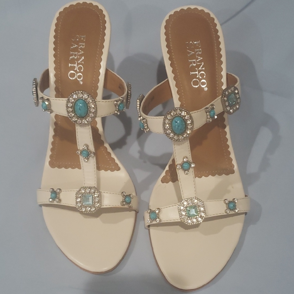 Franco Sarto Cream and Blue Sandals with Decorative Straps